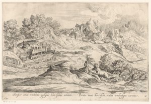 风景与恩爱夫妻
Semper amat tenebras quisquis bene fidus amanti, / Bruta immò horrescit, oculis umbrasque carentes（物上标题）
多梅尼科-坎帕尼奥拉山水画（系列名称） 作者 提香（可能）