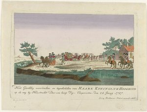 奥兰治公主 1787 年在 Goejanverwellesluis 被捕
1787 年 6 月 28 日，一群自由党人在哈斯特雷赫特附近的公路上袭击并拦截了公主殿下（标题见实物）
关于 d 的彩色德国版画 作者 乔治·巴尔塔萨·普罗布斯特（Georg Balthasar Probst）