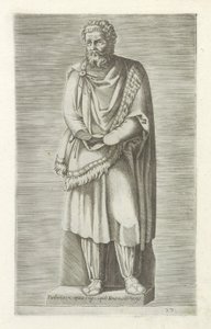 国王雕像
Parthoru rex captivis e nigro lapide Romae in aedib Cesys（物品上的标题）
罗马的古代雕塑（系列名称）
Antiquarum statuarum urbis Romae quae in publicis locis visuntur icones（系列标题） 作者 无名氏