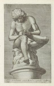 脚上有刺的男孩雕塑
斯皮纳里奥
Simulacrum aeneum Romae in capitolo（物品上的标题）
罗马的古代雕塑（系列名称）
Antiquarum statuarum urbis Romae quae in publicis locis visuntur icones（系列名称） 作者 无名氏