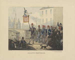 关于罗马天主教教士党和自由党结盟反对荷兰政府的漫画，1828 年
选帝侯联盟（标题见实物） 作者 无名氏