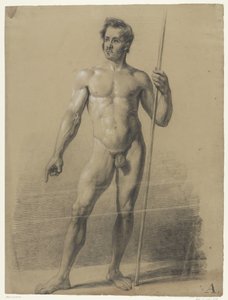 手持拐杖的男性裸体站立，从正面