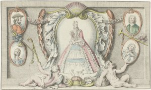 站立的女人、两个小天使和四个奖章 1730 年的时尚 法国美居酒店（系列名称） 作者 无名氏