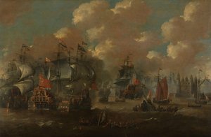 峡湾之战，"艾恩德拉赫特 "号与两艘瑞典军舰交战，1658 年 作者 Peter van de Velde（拒绝归因）