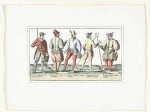 四位农民和一位农民的着装符合当前的流行趋势，约 1580 年
乡村模式（标题见实物） 作者 无名氏