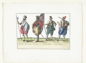 四名身着荷兰和英国流行制服的士兵，约 1580 年
巴斯士兵的服装（标题在实物上） 作者 无名氏