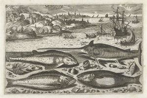 海滩上的四条鱼 双鱼座（系列名） Piscium v​​ivae 图标（系列标题） 作者 Nicolaes Visscher (I) (归属于)
