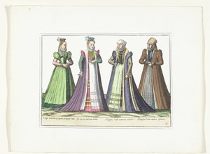约 1580 年，奥格斯堡四位按照德国时尚穿着的女性
阿尔勒芒服饰（物品上的标题） 作者 无名氏