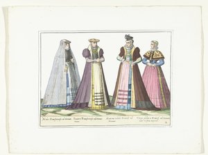 约 1580 年，法兰克福四位按照德国时尚打扮的女性
阿尔勒芒服装（物品上的标题） 作者 无名氏