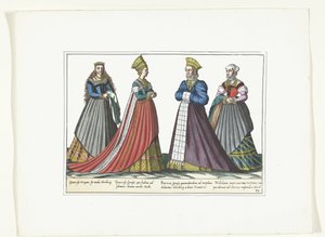 约 1580 年，纽伦堡四位按照德国时尚穿着的女性
阿尔勒芒服饰（物品上的标题） 作者 无名氏