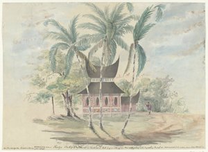 Radja Batipo 的住宅，由于他是 1841 年巴东高地叛乱的首领和领导者，因此被拆毁并烧毁，以示对他的惩罚和惩戒（标题见实物） 作者 无名氏