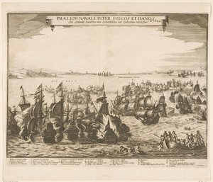 1644 年瑞典和丹麦舰队在 Belt 的海战
Praelium navale inter Suecos et Danos / Ao. 1644 / See Schlacht Zwieschen den Schwedischen und Dehnischen Schieffflota（标题见实物） 作者 彼得·亨德里克斯。舒特（可能）