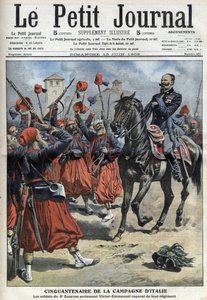 50th Anniversary of the Italian Campaign: the soldiers of the 3rd Regiment of Zouaves cheering King Victor Emmanuel III (Victor Emmanuel, Vittorio Emanuele 3) appointed corporal of their regiment following the Battle of Palestro - “The Petity Journal” of 1 作者 匿名匿名