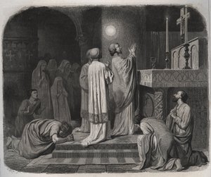 图尔的圣马丁（Saint MARTIN eveque de Tours，316-397）工作时，上方出现一个火球。1846年在《圣徒传》中的版画。私人收藏。 作者 匿名匿名