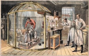 铃铛里的人：英国科学家进行的关于人类能量消耗的经验。1908年5月24日 "Le Peute Parisien "报纸上的版画。私人收藏。 作者 匿名匿名