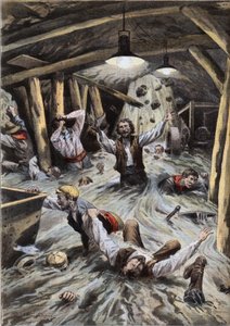 瑞士Loetschberg隧道在施工过程中被一条河流侵入。雕刻自1908年8月9日的报纸 "Le Peute Parisien"。私人收藏。 作者 匿名匿名