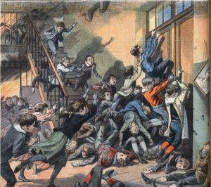 克利夫兰的一所学校被烧毁（美国）。来自《小巴黎人报》的雕刻，1908年3月22日。私人收藏。 作者 匿名匿名
