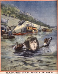在巴黎，一名妇女掉进塞纳河，被她的狗救起。1910年8月14日在 "Le petit parisien "的雕刻。私人收藏。 作者 匿名匿名