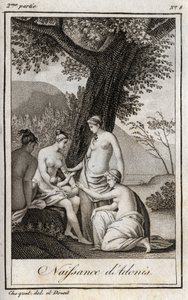 阿多尼斯出生。1819年的雕版画，载于查尔斯-阿尔伯特-德穆斯特（1760-1801）的 "Lettres a Emilie sur la mythologie"。私人收藏。 作者 匿名匿名