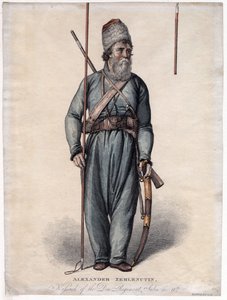 亚历山大·泽姆利亚努欣，唐人军团的哥萨克 - 匿名 - 约 1813 年 - 蚀刻，水彩 - 34,3x25,3 - 私人收藏 作者 匿名匿名