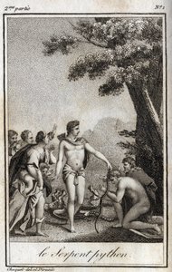 阿波罗和帕纳索斯山上的蟒蛇。 查尔斯·阿尔伯特·德穆斯捷 (1760-1801) 于 1819 年在“Lettres a Emilie sur la mythologie”中的雕刻。 私人收藏。 作者 匿名匿名