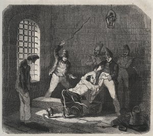 Bagne de Brest: 杖刑。皮埃尔-扎科内（1817-1895年）在《从创建到现在的袋子史》（1877年）中的雕刻（Colonia Penale--刑罚殖民地）。私人收藏。 作者 匿名匿名