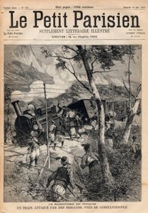 土耳其的土匪活动，一列火车在君士坦丁堡附近被强盗袭击。1891年 "小巴黎人 "杂志的雕刻作品。私人收藏。 作者 匿名匿名