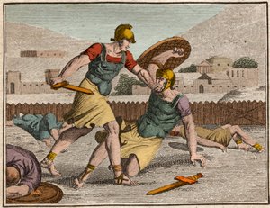 Horaces和Curiaces之战--Horatii和Curiatii之战--来自 "The Rollin of Youth or Selected Pieces of Ancient and Roman Stories" 1816年的版画--私人收藏 作者 匿名匿名