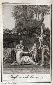 巴克斯的诞生，朱庇特和塞梅莱的儿子。1819年的雕版画，载于查尔斯-阿尔伯特-德穆斯特（1760-1801）的 "Lettres a Emilie sur la mythologie"。私人收藏。 作者 匿名匿名