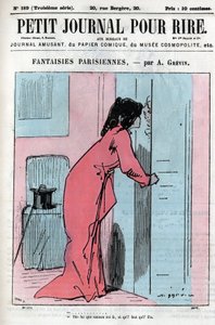 关于巴黎情侣的漫画。一个和情人在一起的女人要求女仆送她和另一个男人的约会回来。"告诉她，妈妈来了，我得走了"。雕刻在 "Petity Journal pour Rire "上 作者 匿名匿名