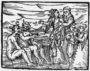 第一次被允许进入安息日的儿童 - "Compendium Maleficarum"，涉及女巫、她们的邪恶和她们的财团，由弗朗西斯科-玛丽亚-瓜佐或瓜西奥（15?-16?）1608私人收藏 作者 匿名匿名