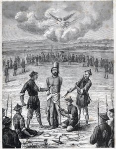 基督教受迫害：法国传教士约瑟夫-马尚（Joseph Marchand）于1835年11月30日在科钦纳州遭受了 "百伤折磨"。路易-尤金（Louis Eugene）-卢韦（Louvet）在《十九世纪的天主教传教士》中的雕刻作品。 作者 匿名匿名