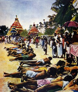 印度反对大英帝国的公民不服从周：1931年政治领袖莫汉达斯-卡拉姆昌德-甘地（1869-1948）在贾莱普尔领导的示威。插图来自 "Il mattino illustrato" 1931年 作者 匿名匿名