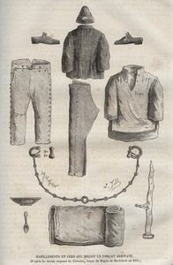 19世纪到达罗什福尔的部队收到的衣服和熨斗（根据1840年Clemans, forcat du bagne的原画）。皮埃尔-扎科内（1877年）在《从创建到现在的巴格纳历史》（Histoire des bagnes depuis leur création to nos jours）中的版画。 作者 匿名匿名