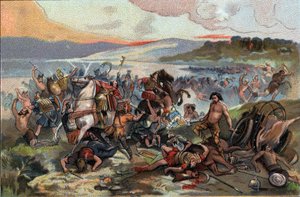 Conquete of Gaul: the battle of Presles in 60 BC opposing the people of the Nervians led by Boduognat to the Roman army of Jules Cesar. Advertising chromolithography of Antoine chocolates in Brussels, beginning of the 20th century. Private Collection 作者 Anonymous Anonymous