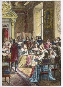 Corneille 在 Catherine de Vivonne、Marquise de Rambouillet 面前的朗布依埃酒店 (Hotel de Rambouillet) 以及教堂的骑兵和男子面前朗读他的波利尤特悲剧（博叙埃也是蓝厅的常客之一）——皮埃尔 作者 匿名匿名