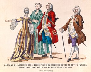1762年（路易十五国王时期）一位老式的时尚女郎、一位梳着高高的发型和挎着小篮子的年轻女子、一位前军人和一位穿着西装的绅士的服装 - 私人收藏 作者 匿名匿名