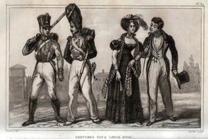 路易十八时期的服装。1859年在《世界报》上的雕刻。从最遥远的时代到今天的所有民族的历史"。 作者是M. E. de Lostalot-Bachoue（洛斯塔洛特-巴乔）。私人收藏。 作者 匿名匿名