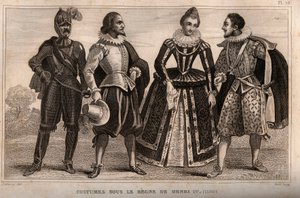 Costumes under the rule of Henry IV (1590). Engraving from 1859 in “” Le Monde. History of all peoples from the most remote times to the present day”. by M. E. de Lostalot-Bachoue (Lostalot Bachoue). Private collection. 作者 匿名匿名