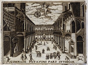 17世纪意大利帕杜大学（帕多瓦）的法院。17世纪的匿名版画。米兰人. 作者 匿名匿名