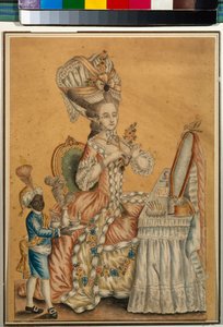 Dame a sa table de toilette avec un garcon noir qui la sert（女士与黑人男孩在盥洗室）--佚名作品，纸面水彩画，约 1770 年（29,2x21,2 厘米）--莫斯科国立特列季亚科夫画廊 作者 匿名匿名