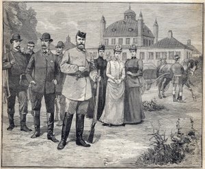 启程前往丹麦的弗雷登斯堡猎杀俄国沙皇尼古拉二世（1868-1918）。1893年 "小巴黎人 "中的雕刻。 作者 匿名匿名