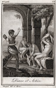 戴安娜和阿克泰恩（Diana and Actaeon） 戴安娜在洗澡时被猎人阿克泰恩吓了一跳。1819年的版画，载于查尔斯-阿尔伯特-德穆斯特（1760-1801）的 "Lettres a Emilie sur la mythologie"。私人收藏。 作者 匿名匿名