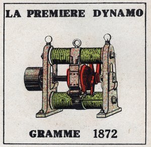 Dynamo: the first dynamo invented by Zenobe Theophile Gram (1826-1901) in 1872. Anonymous illustration from 1925. Private collection. 作者 匿名匿名