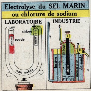 Electrochemistry: electrolysis of sea salt or sodium chloride. Anonymous illustration from 1925. Private collection. 作者 匿名匿名