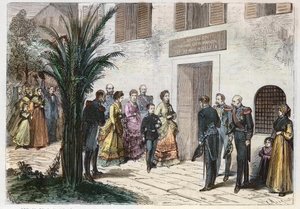 Empress Eugenia and Prince imperial Louis Napoleon visiting the house where Napoleon I was born, at Ajaccio, Corsica, France 1869 - voyage of the Imperial and Imperial Prince - visit to the home of Napoleon I to Ajaccio - 1869 作者 匿名匿名
