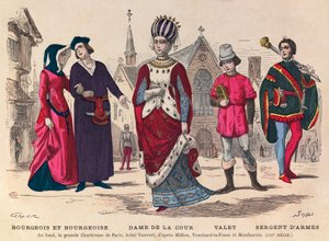 Engraving - Bourgeois et bourgeoise, Lady of the Court, valet, sergeant-at-arms in Paris in the 13th century (in the background la grande Chatreuse de Paris, hotel Vauvert) - Court costumes in France during the 13th century - private collection 作者 匿名匿名