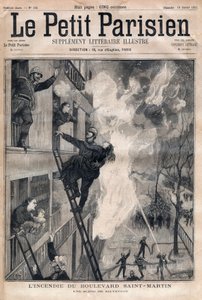巴黎的消防员：圣马丁大道火灾中的救援场景。1891年 "小巴黎人 "中的雕刻作品。私人收藏。 作者 匿名匿名