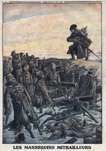 1914-1918年第一次世界大战（第14-18次战争）。德国士兵用他们在战壕里的人体模型，用机枪欺骗俄国敌人，从而进行诱捕。在 "Le Petite Journal "上，1916年2月6日。私人收藏 作者 匿名匿名