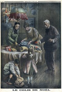 1914-1918年第一次世界大战（14-18战争）。圣诞礼物。孩子们在圣诞节前夕收到并拆开他们在战场上从父亲那里收到的包裹。载于《小报》，1916年12月24日。私人收藏 作者 匿名匿名